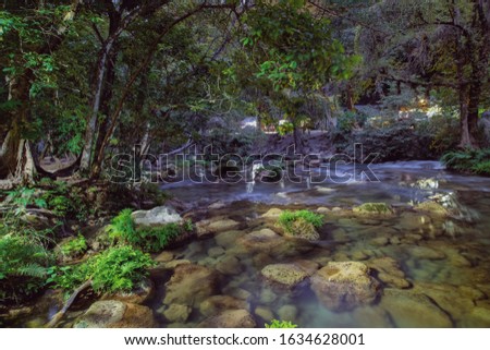 river flowing into waterfall ,night photo ,place for rafting, Panoramic beautiful deep forest waterfall ,Nature Los Micos, National Park in San Luis Potosi, Mexico