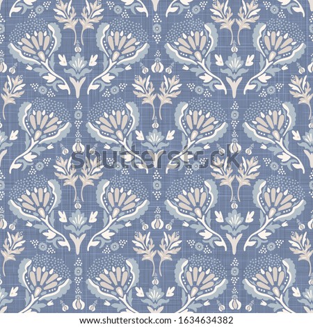 French blu shabby chic damask vector texture background. Antique white blue flower seamless pattern. Hand drawn floral interior wallpaper home decor swatch. Classic baroque medallion all over print