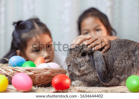 Happy asian child girls playing with cute Holland lop  rabbit with love and tenderness at easter festive