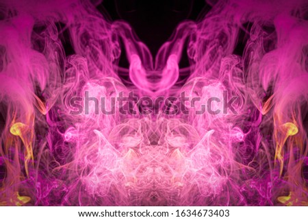 Fog colored with bright pink and orange  smoke on dark background. Background consists of fractal multicolor texture and is suitable for use in projects on imagination, creativity and design. 