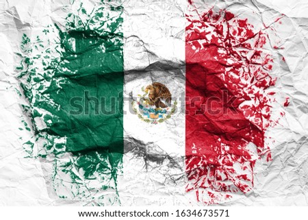The national flag of the Mexico  is painted on crumpled paper. Flag printed on the sheet. Flag image for design on flyers, advertising.