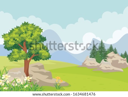 Vector illustration of a beautiful summer landscape with rocky terrain and meadows