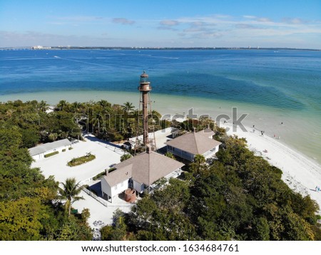 Aerial landscape view of the lighthouse and lighthouse beach on Sanibel Island in Lee County, Florida, United States