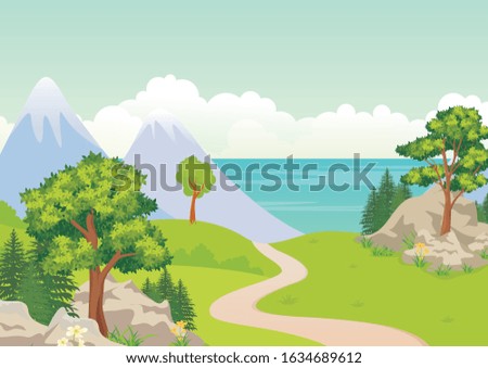 Vector illustration of a beautiful Rural landscape with road, rocky terrain and meadows