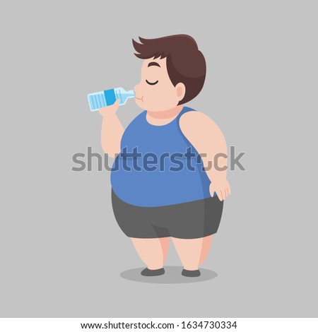 Big Fat Man drinking fresh water, clean bottle of water, good health, diet cartoon, lose weight, Lifestyle healthy Healthcare concept.