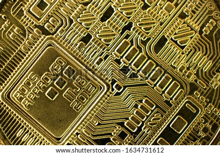 Closeup top view of golden bitcoin, cryptocurrency and technology concept