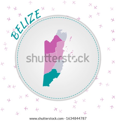 Belize map design. Map of the country with regions in emerald-amethyst color palette. Rounded travel to Belize poster with country name and airplanes background. Attractive vector illustration.