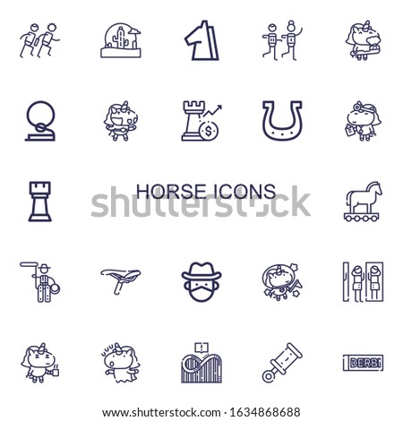 Editable 22 horse icons for web and mobile. Set of horse included icons line Race, Wild west, Trojan, Racing, Unicorn, Cowboy, Rook, Horseshoe, Lasso, Saddle on white background