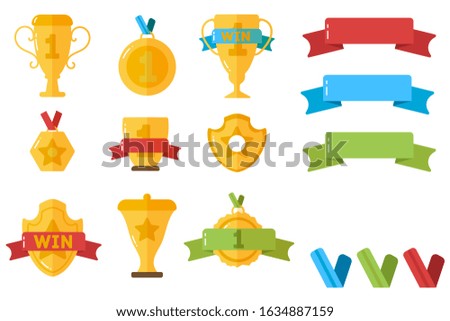 Award for winners. Gold cups, medals and other sports trophies for winners in flat design. Set of gold vector awards icons of success and victory with trophies, stars, cups, ribbons, medals.