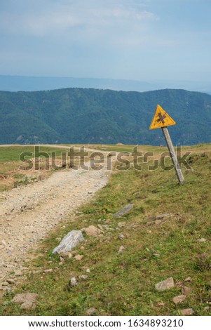 Country road in the mountains with the road sign.