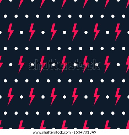 Flash lightning and polka dot seamless pattern on dark blue background. Girl power style pink thunderbolts, white dots. Vector illustration.