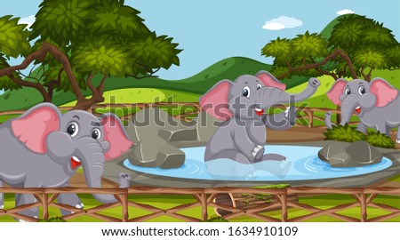 Scene with wild animals in the zoo at day time illustration