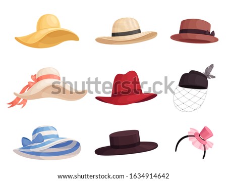 Set of women's fashionable hats of different colors and styles in retro style. Elegant broad-brimmed hat, panama, gaucho, fedora. Royalty-Free Stock Photo #1634914642