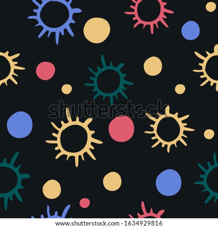A simple pattern on the theme of space. Drawn stars and planets in cartoon style. Seamless pattern with handdrawn stars. Bright vector illustration.