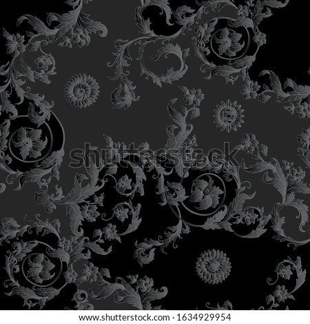 Seamless pattern, background In baroque, rococo, victorian, renaissance style. Trendy frolar vintage pattern. Hand drawing vector illustration in black colors..