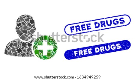 Mosaic add user and corroded stamp seals with Free Drugs text. Mosaic vector add user is formed with randomized rectangle items. Free Drugs stamp seals use blue color, and have round rectangle shape.