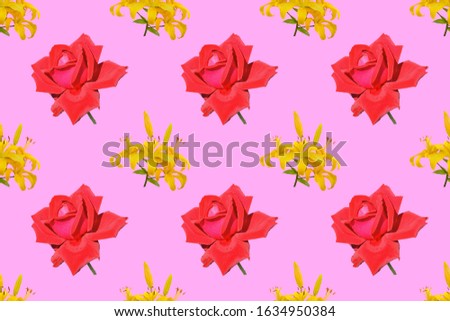 The red rose and yellow lilies. The seamless pattern on pink background, own isolated photographs of the author of the pattern are used.