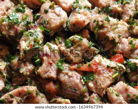 Background of juicy raw pork kebab in marinade with fresh herbs, spices and onions closeup. Picture delicious meat for the picnic, the view from the top.