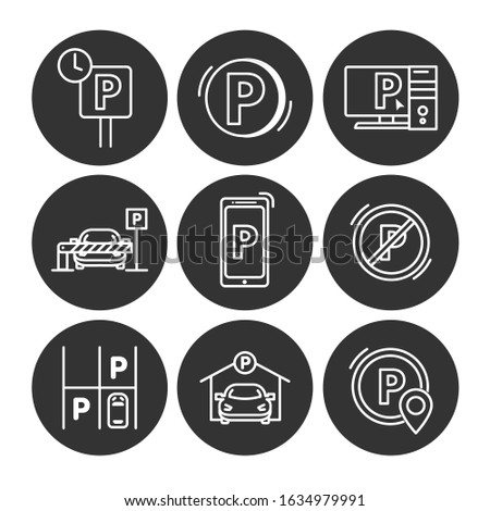Valet servant and Paid transport parking icons. Car transport park place linear icon set.