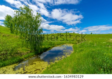Spring photography, meadows, fields, ravines, hills, rural landscape. A deep, narrow gorge with steep slopes. A naturally raised area of â€‹â€‹land, not as high or craggy as a mountain.