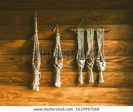 Interior design, Picture of decorative knitted ropes used to hang small potted stone lotus plants on wooden wall. Create a vintage looks and atmosphere