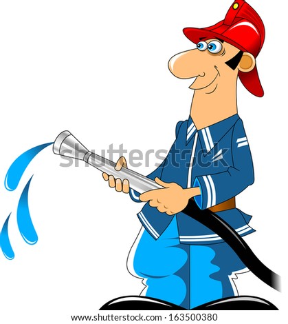 Illustration of a fireman holding a blue water hose on a white background