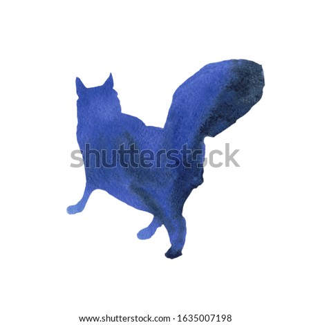 Watercolor blue silhouette cat. Hand drawn abstract fluffy cat isolated on white background. Clip art. Perfect for logo, label, print on textile, cases, fabric, cards.