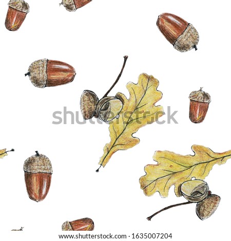Colored pencil acorns seamless pattern on white background. Repeat texture of brown acorn and yellow oak leaves. Hand drawn illustration perfect for scrapbooking, wrapping paper, web page background.