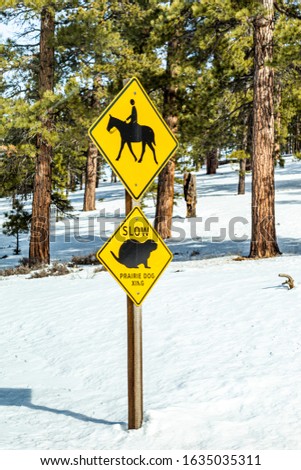 Prairie dog xing sign in the snow in Bryce Canyon National Park in Winter