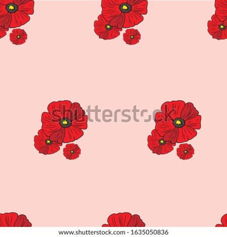 Beautiful spring poppies flowers. Nature. Hand-drawn. Seamless pink background. Stock vector illustration. Botanical design.