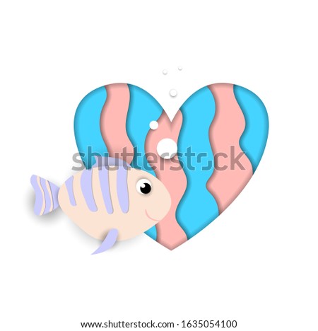 Paper cut fish flow on heart isolated on white background, blue and pink colors design element for baby shower greeting card, Valentine day sticker. Love symbol, 3d Illustration, icon, clip art