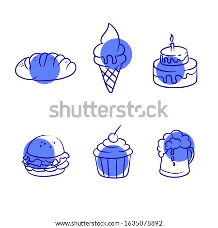 Hand drawing icon of food and drink like bread, ice cream, cupcake and burger. Simple line food icon with a solid background. Snacks and soft drinks graphic resources.
