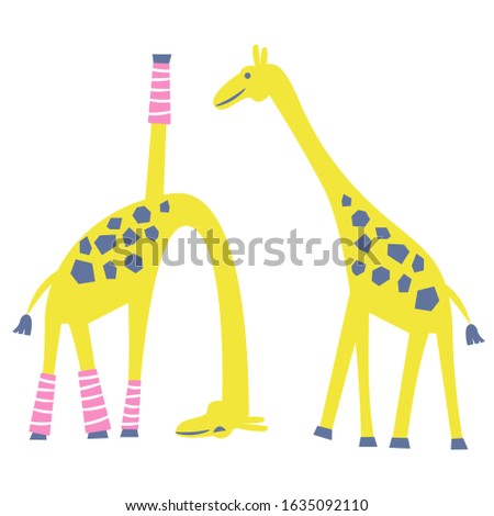 Cute yoga giraffe isolated vector cartoon illustration. Animal activity clip art for kids prints and apparel.