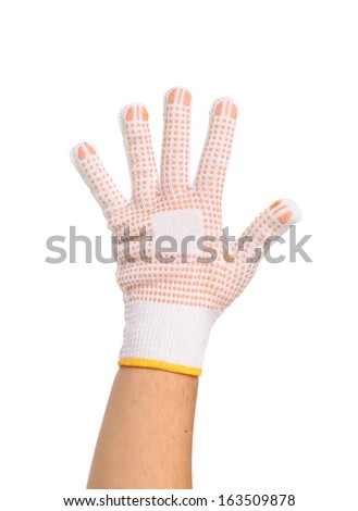 Hand in glove counts five. Isolated on a white background.