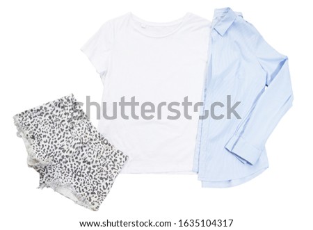 White tshirt mockup top view isolated, blue casual shirt and  women's shorts