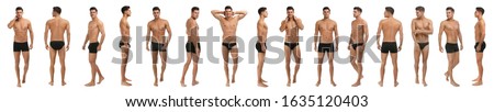 Collage of man in black underwear on white background. Banner design Royalty-Free Stock Photo #1635120403