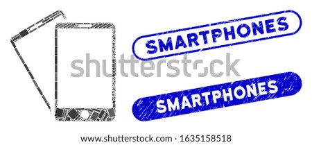 Mosaic smartphones and distressed stamp seals with Smartphones phrase. Mosaic vector smartphones is composed with scattered rectangle items. Smartphones seals use blue color,