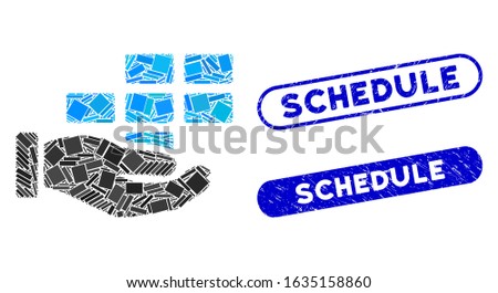 Mosaic schedule service hand and grunge stamp watermarks with Schedule text. Mosaic vector schedule service hand is composed with scattered rectangle items. Schedule stamp seals use blue color,