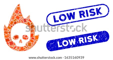 Mosaic mortal flame and distressed stamp watermarks with Low Risk phrase. Mosaic vector mortal flame is designed with random rectangles. Low Risk stamp seals use blue color,