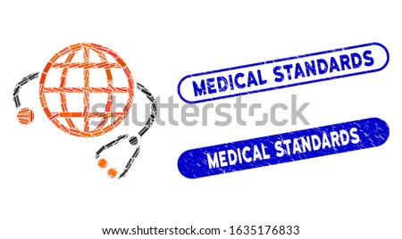 Mosaic global medicine and corroded stamp seals with Medical Standards text. Mosaic vector global medicine is composed with randomized rectangles. Medical Standards stamp seals use blue color,