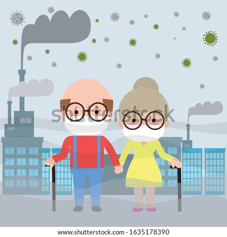 Elderly couple in masks because of fine dust PM 2.5, man and woman and child,wearing mask against smog. Fine dust, air pollution, industrial smog protection concept flat style design vector