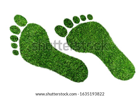 ecological footprint concept, barefoot footprint made of lush green grass isolated on white background