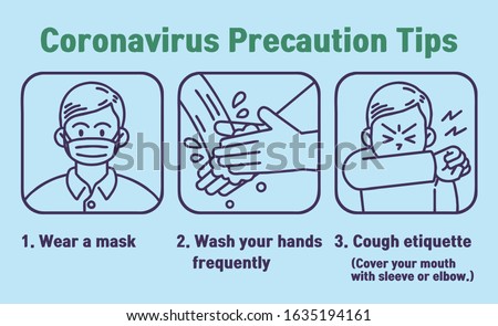 Coronavirus(COVID-19) Precaution Tips. Vector line art illustration set. Royalty-Free Stock Photo #1635194161