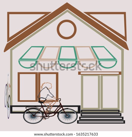Girl riding on a bicycle near a house, vector  