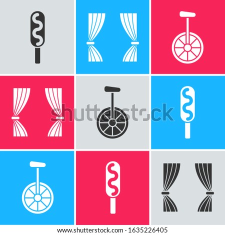 Set Corn dog, Curtain and Unicycle or one wheel bicycle icon. Vector
