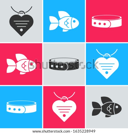 Set Collar with name tag and heart, Fish and Collar with name tag icon. Vector