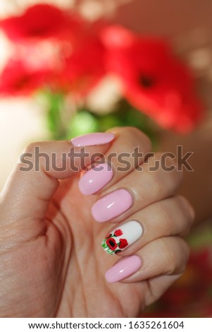 Summer manicure with pictures of poppies on a white background, the rest of the nails are covered with pink varnish. Behind the real poppies on the background.