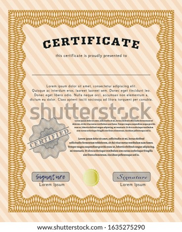 Orange Certificate of achievement. Nice design. With guilloche pattern and background. Customizable, Easy to edit and change colors. 