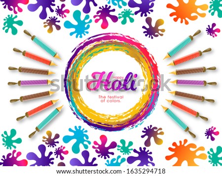 Illustration of Holi Festival with beautiful pichkari and colorful intricate calligraphy vector.