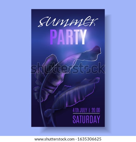 Vector tropical banner with violet banana leaves and pink neon letters on dark blue background. Exotic design for night music party, beach event invitation, dance party, summer sale, cosmetics flyer